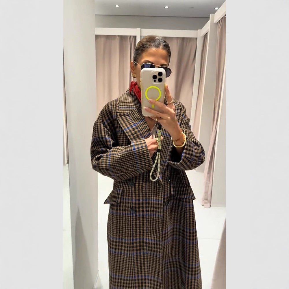 Women Maxilength Oversized Double-Breasted Coat with Emphasized Shoulder and Flap Pockets Chichicherry - Chichicherry