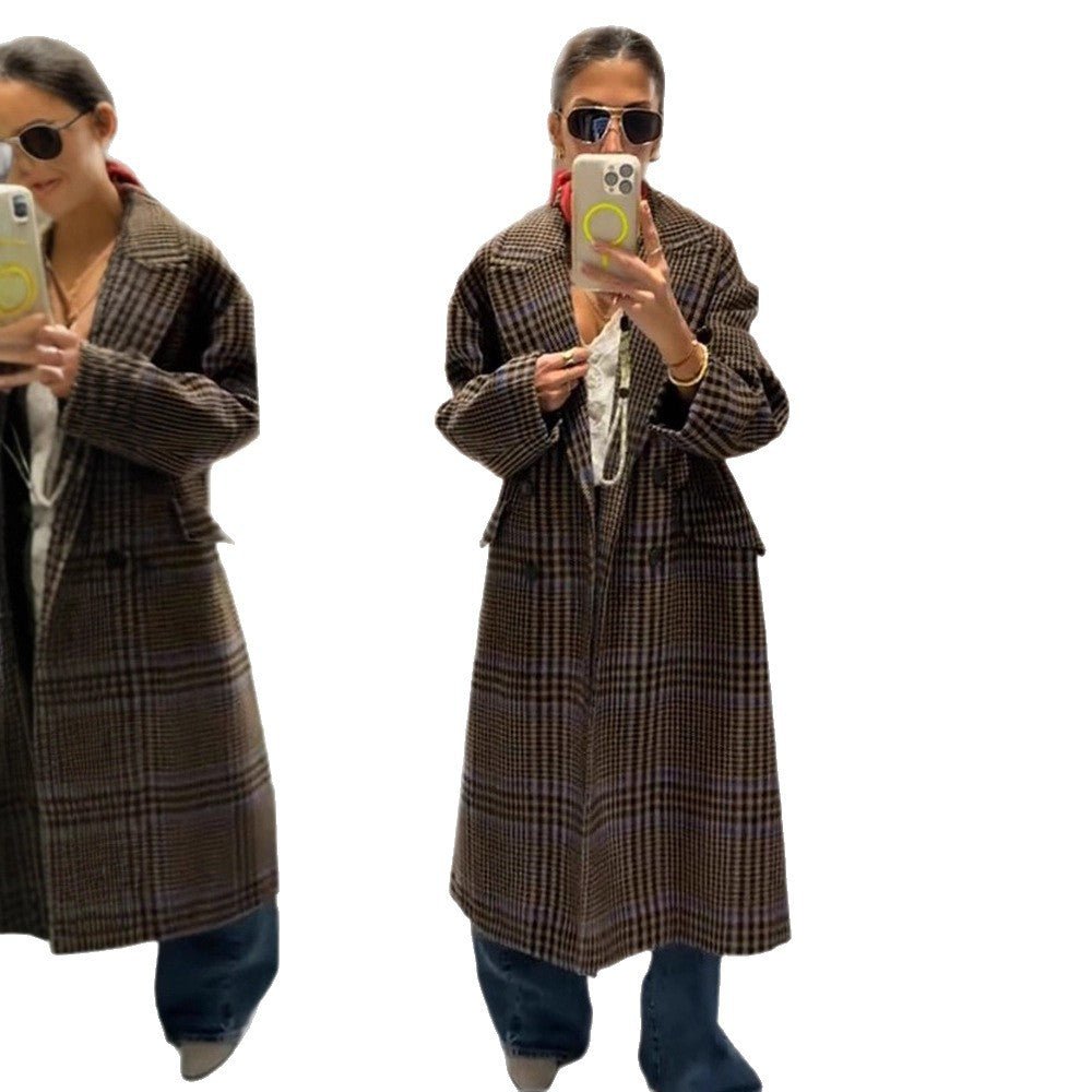 Women Maxilength Oversized Double-Breasted Coat with Emphasized Shoulder and Flap Pockets Chichicherry - Chichicherry