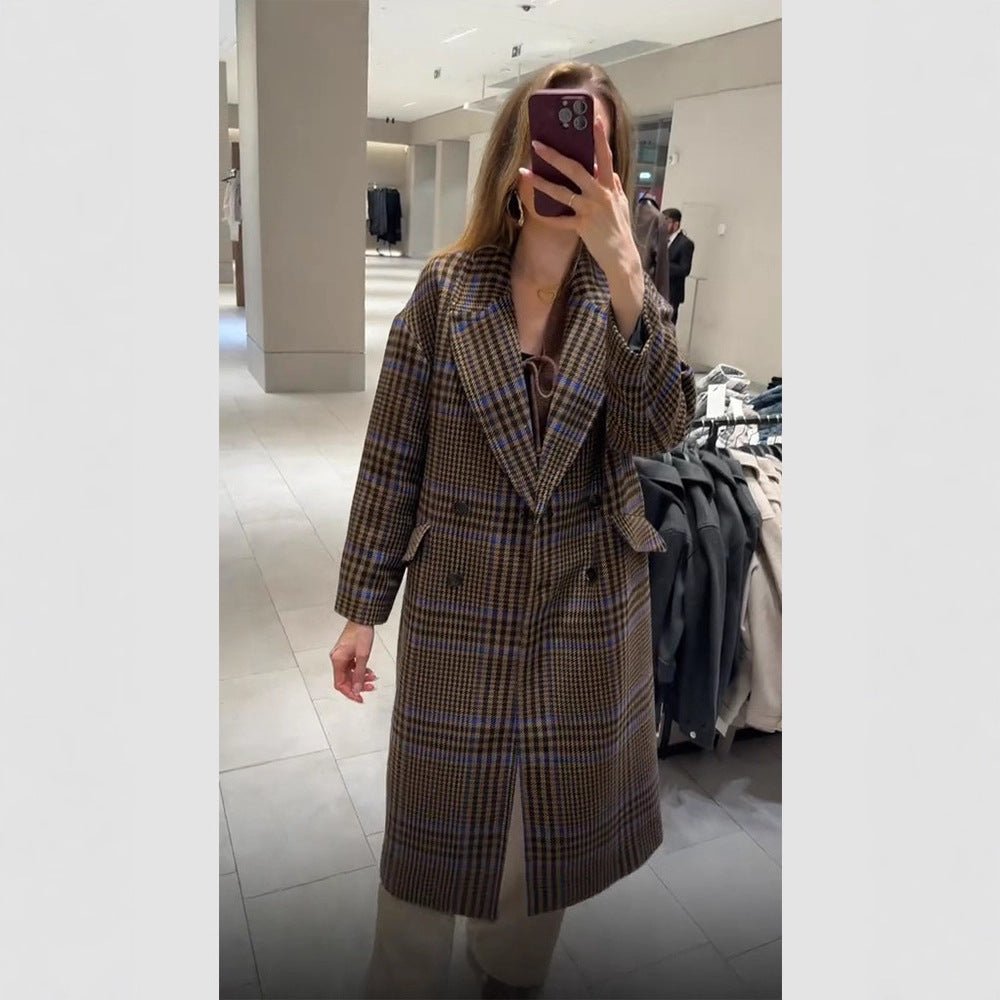 Women Maxilength Oversized Double-Breasted Coat with Emphasized Shoulder and Flap Pockets Chichicherry - Chichicherry