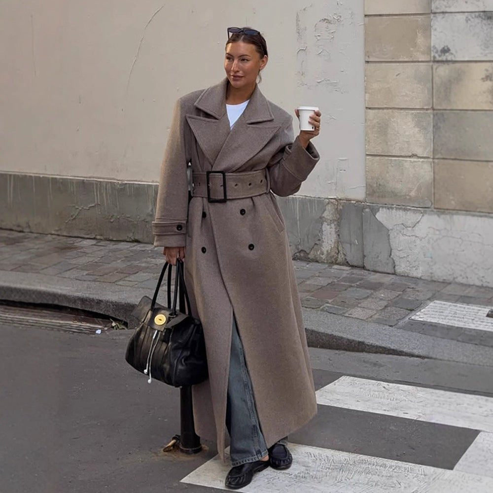 Women Maximal Wool Coat with Double-Breasted Button Placket and Wide Waist Belt Chichicherry - Chichicherry