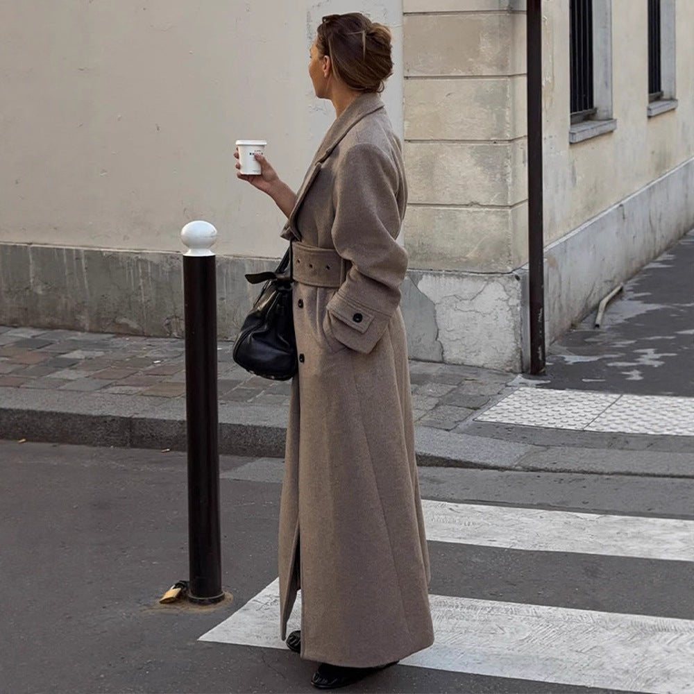 Women Maximal Wool Coat with Double-Breasted Button Placket and Wide Waist Belt Chichicherry - Chichicherry