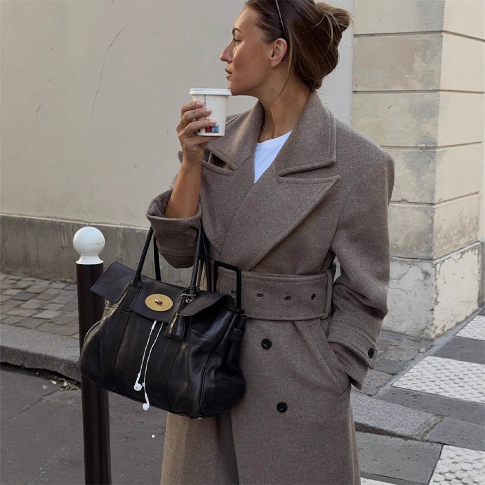 Women Maximal Wool Coat with Double-Breasted Button Placket and Wide Waist Belt Chichicherry - Chichicherry