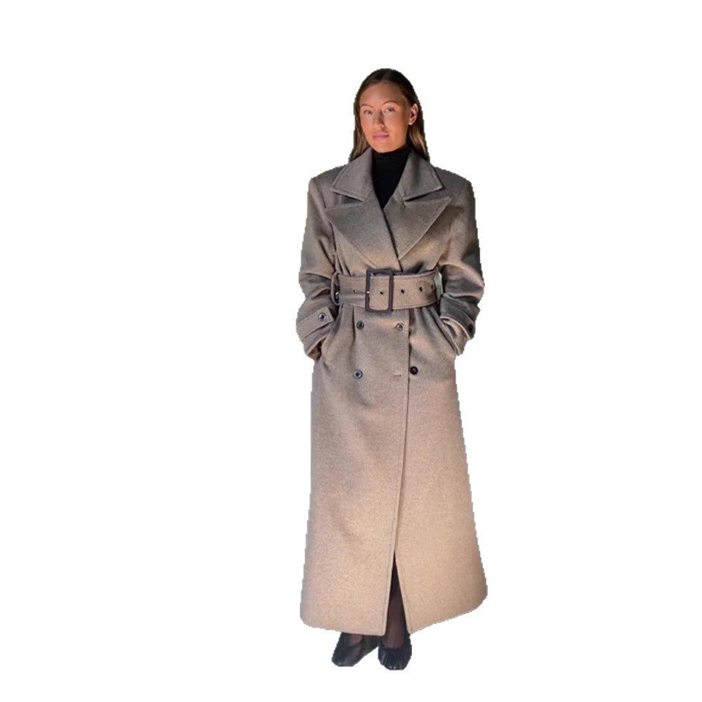 Women Maximal Wool Coat with Double-Breasted Button Placket and Wide Waist Belt Chichicherry - Chichicherry