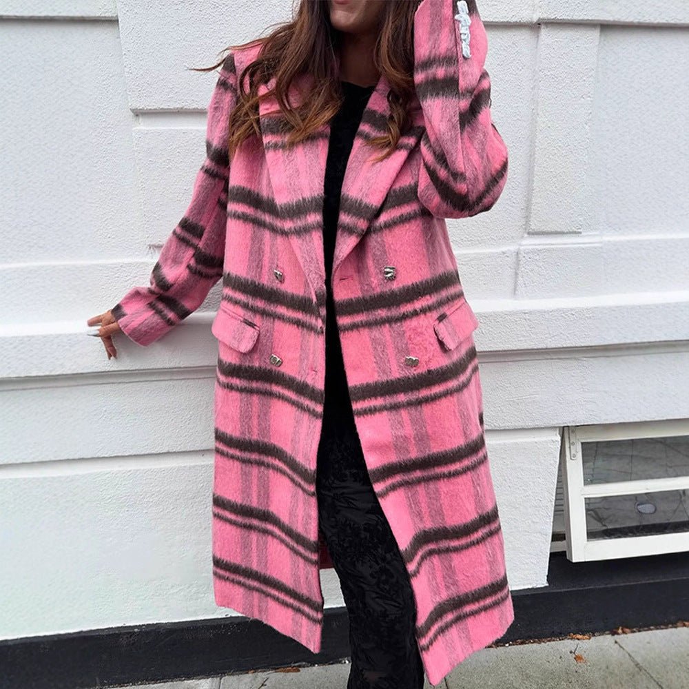 Women Mid-length checkered wool blend coat with double-breasted button placket and shawl collar Chichicherry - Chichicherry