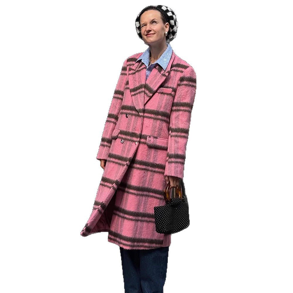 Women Mid-length checkered wool blend coat with double-breasted button placket and shawl collar Chichicherry - Chichicherry