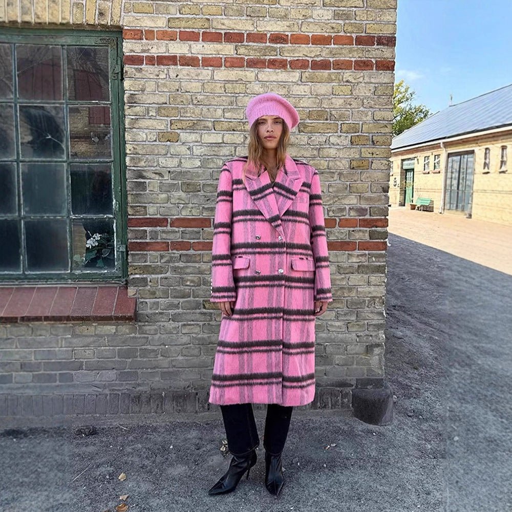 Women Mid-length checkered wool blend coat with double-breasted button placket and shawl collar Chichicherry - Chichicherry
