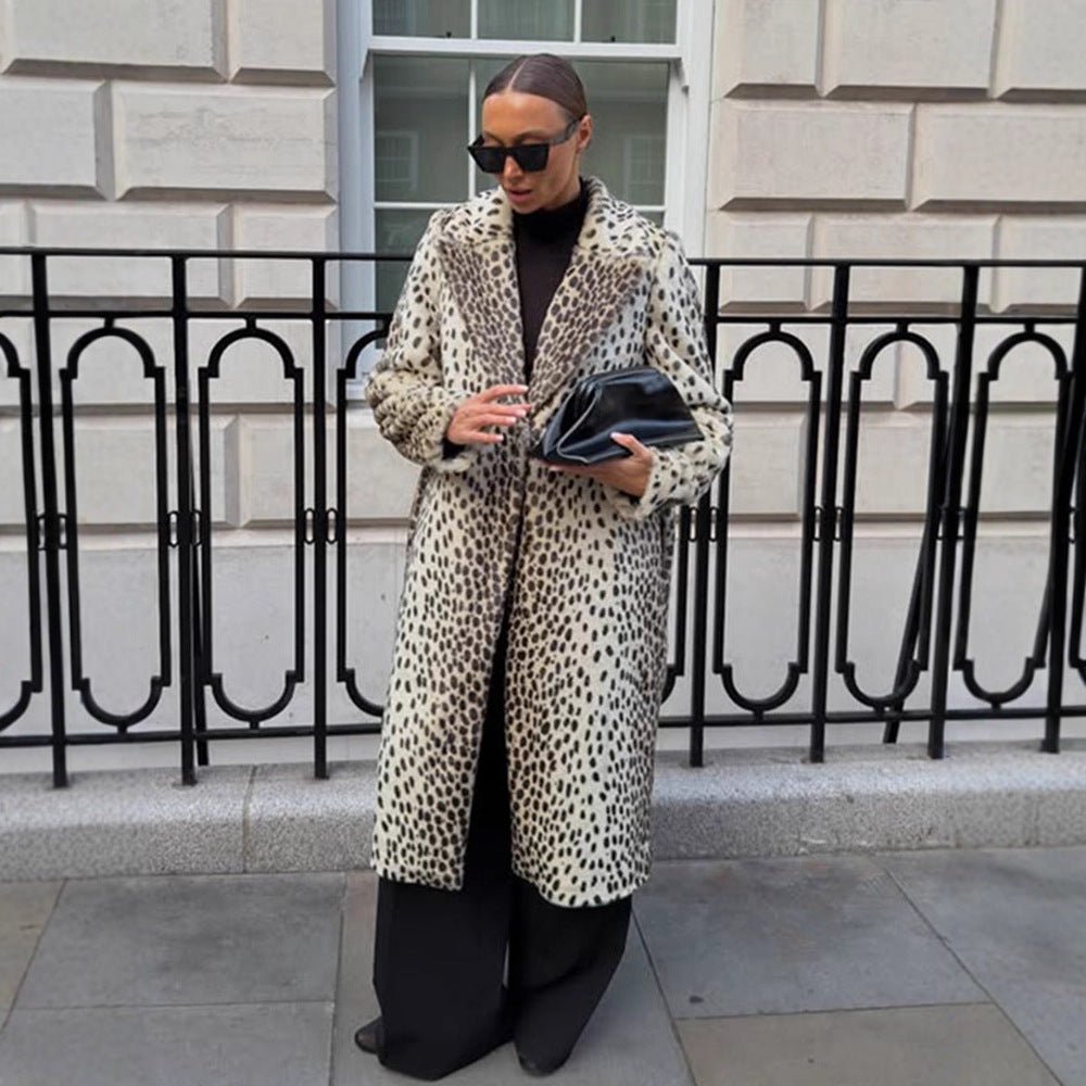 Women Mid-length Faux Fur Coat with Distinctive Spot Pattern and Lapel Collar Chichicherry - Chichicherry