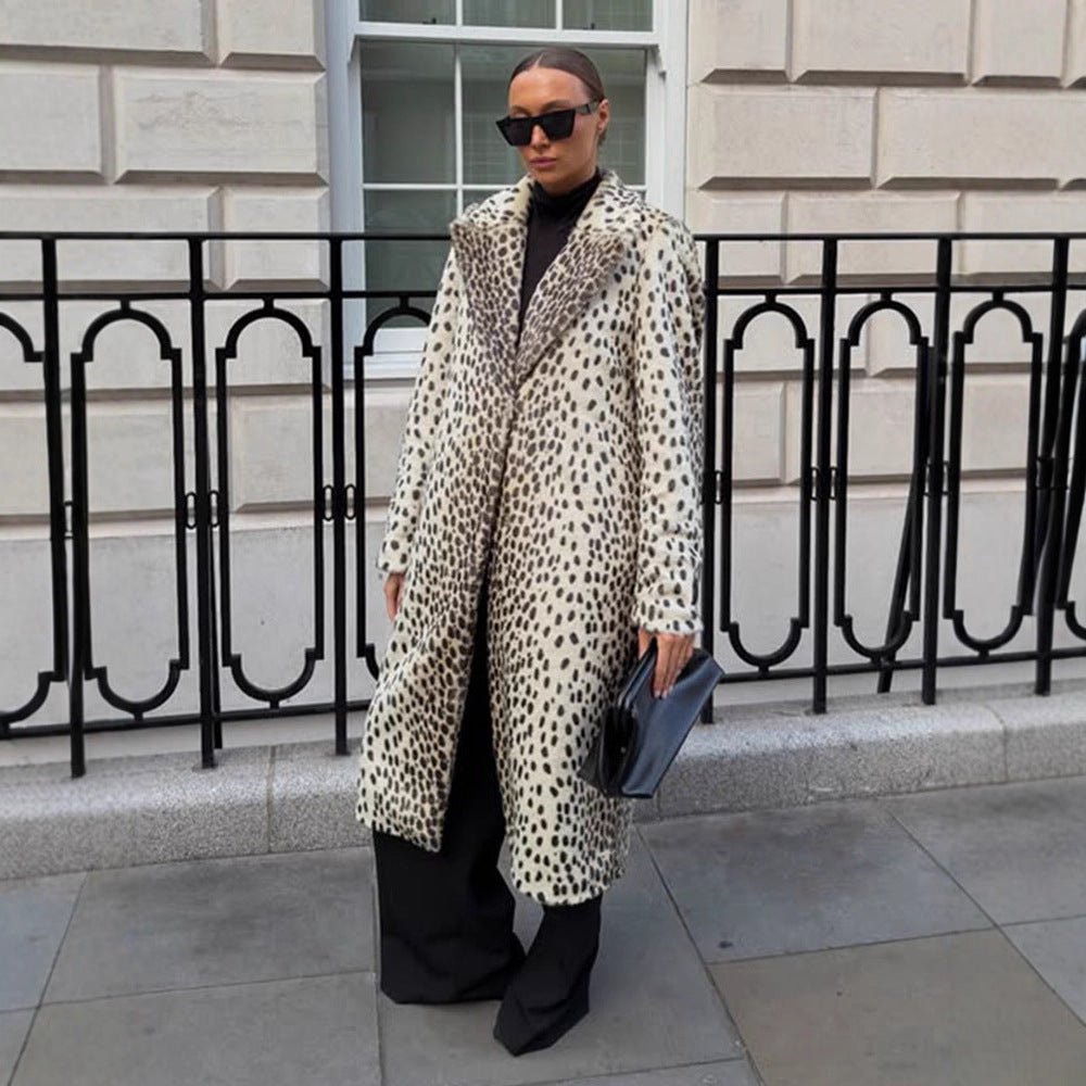 Women Mid-length Faux Fur Coat with Distinctive Spot Pattern and Lapel Collar Chichicherry - Chichicherry