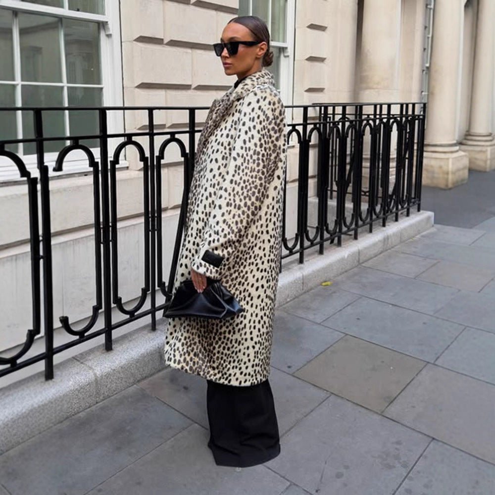 Women Mid-length Faux Fur Coat with Distinctive Spot Pattern and Lapel Collar Chichicherry - Chichicherry
