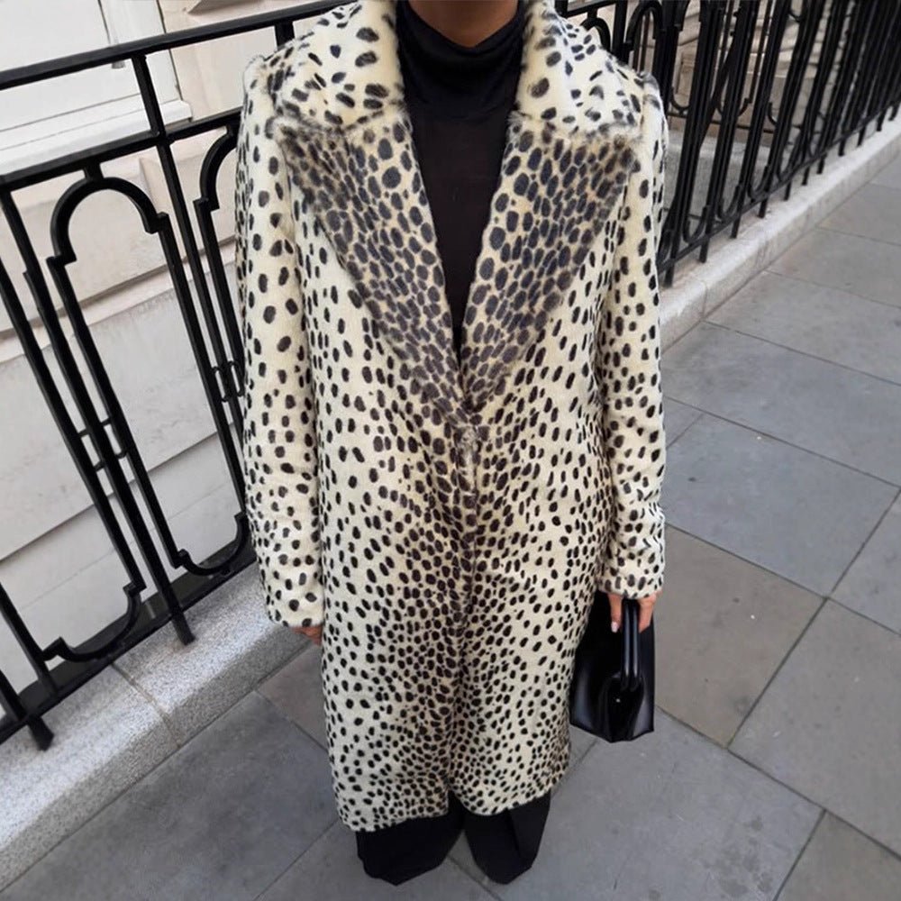 Women Mid-length Faux Fur Coat with Distinctive Spot Pattern and Lapel Collar Chichicherry - Chichicherry