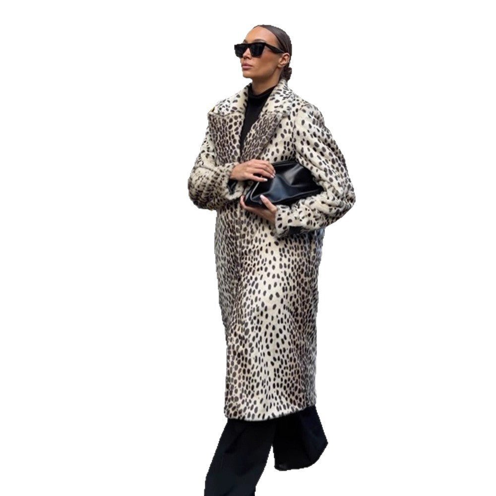 Women Mid-length Faux Fur Coat with Distinctive Spot Pattern and Lapel Collar Chichicherry - Chichicherry