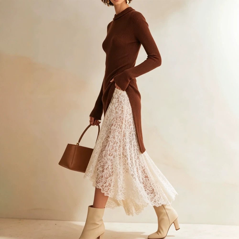 Women Midi dress made of fitted fine knit with asymmetric lace ruffle Chichicherry - Chichicherry