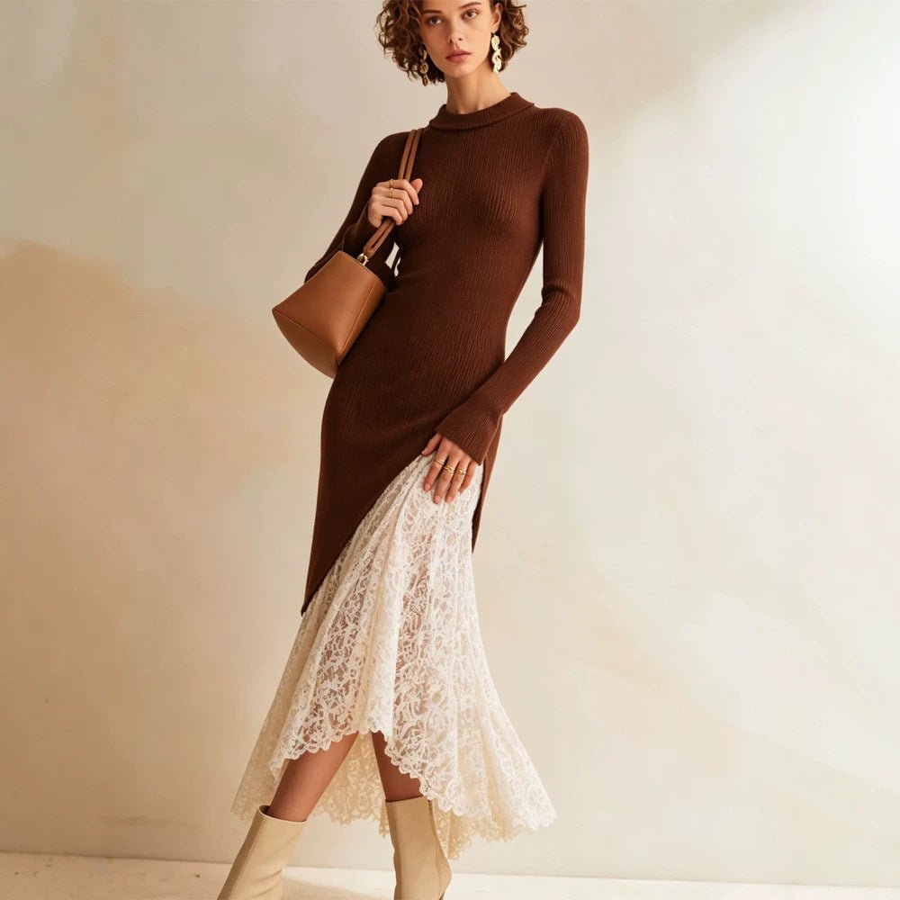 Women Midi dress made of fitted fine knit with asymmetric lace ruffle Chichicherry - Chichicherry