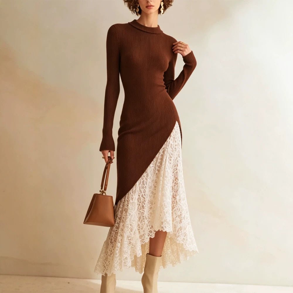 Women Midi dress made of fitted fine knit with asymmetric lace ruffle Chichicherry - Chichicherry