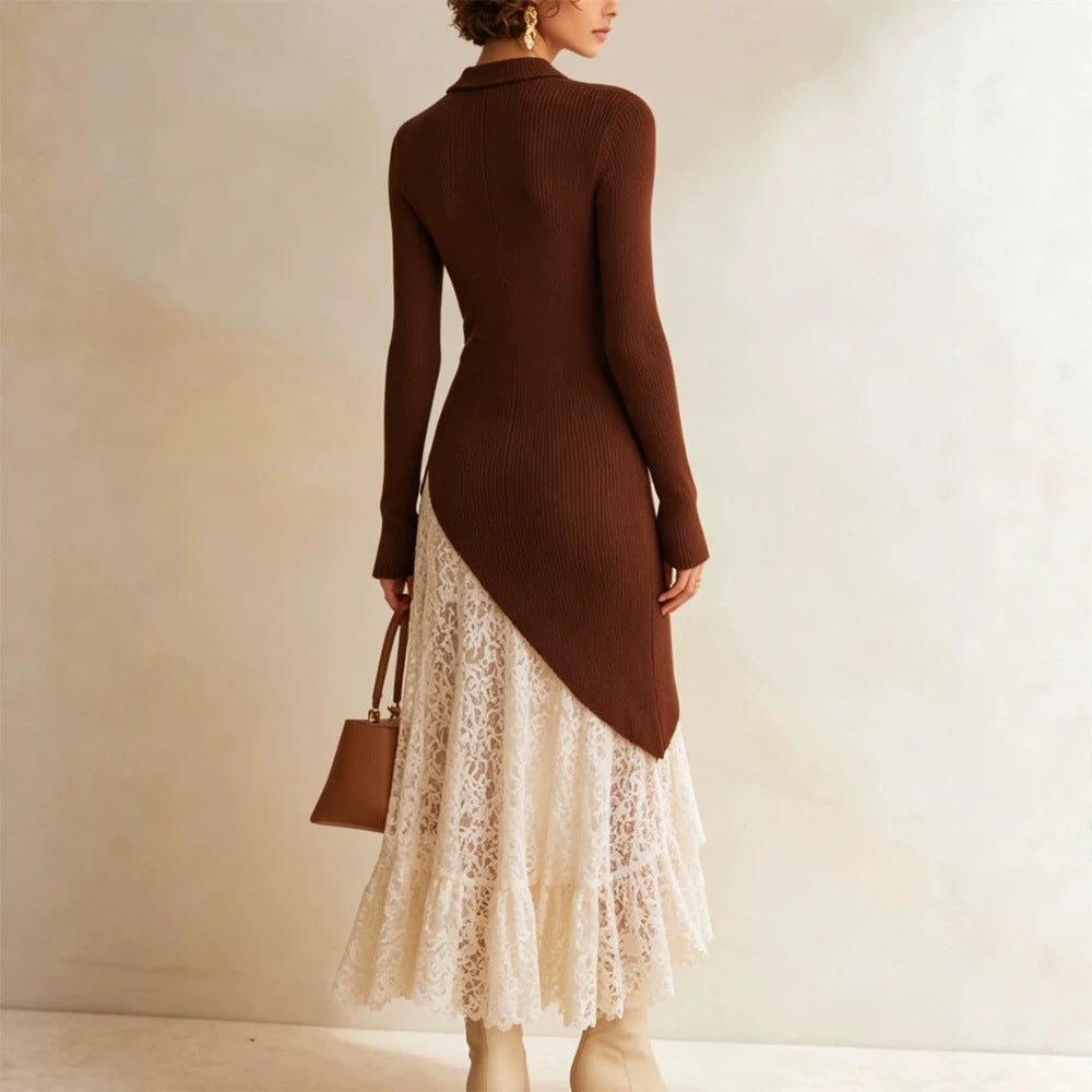 Women Midi dress made of fitted fine knit with asymmetric lace ruffle Chichicherry - Chichicherry