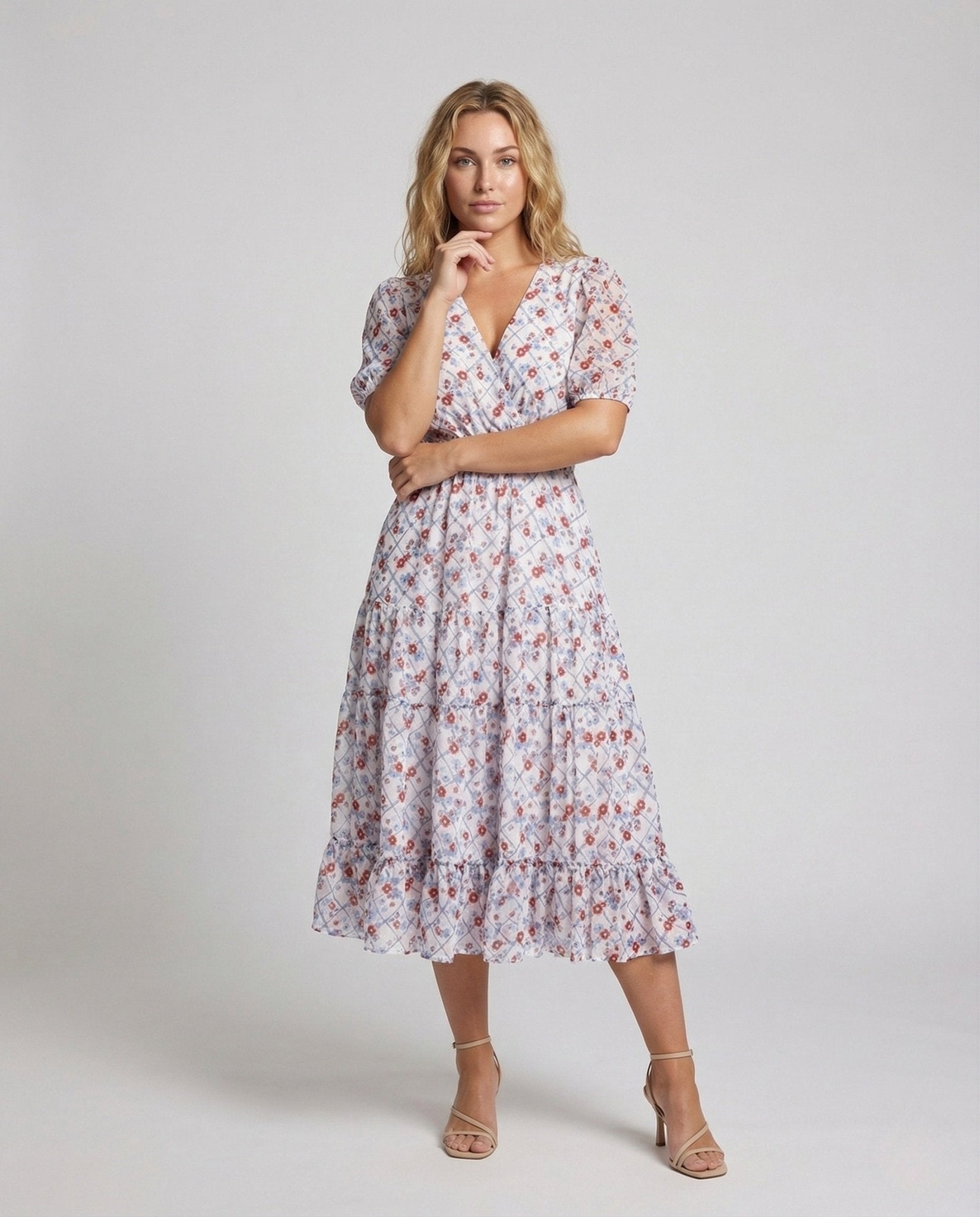 Women Midi Dress Puff Sleeves Elastic Waist - Chichicherry