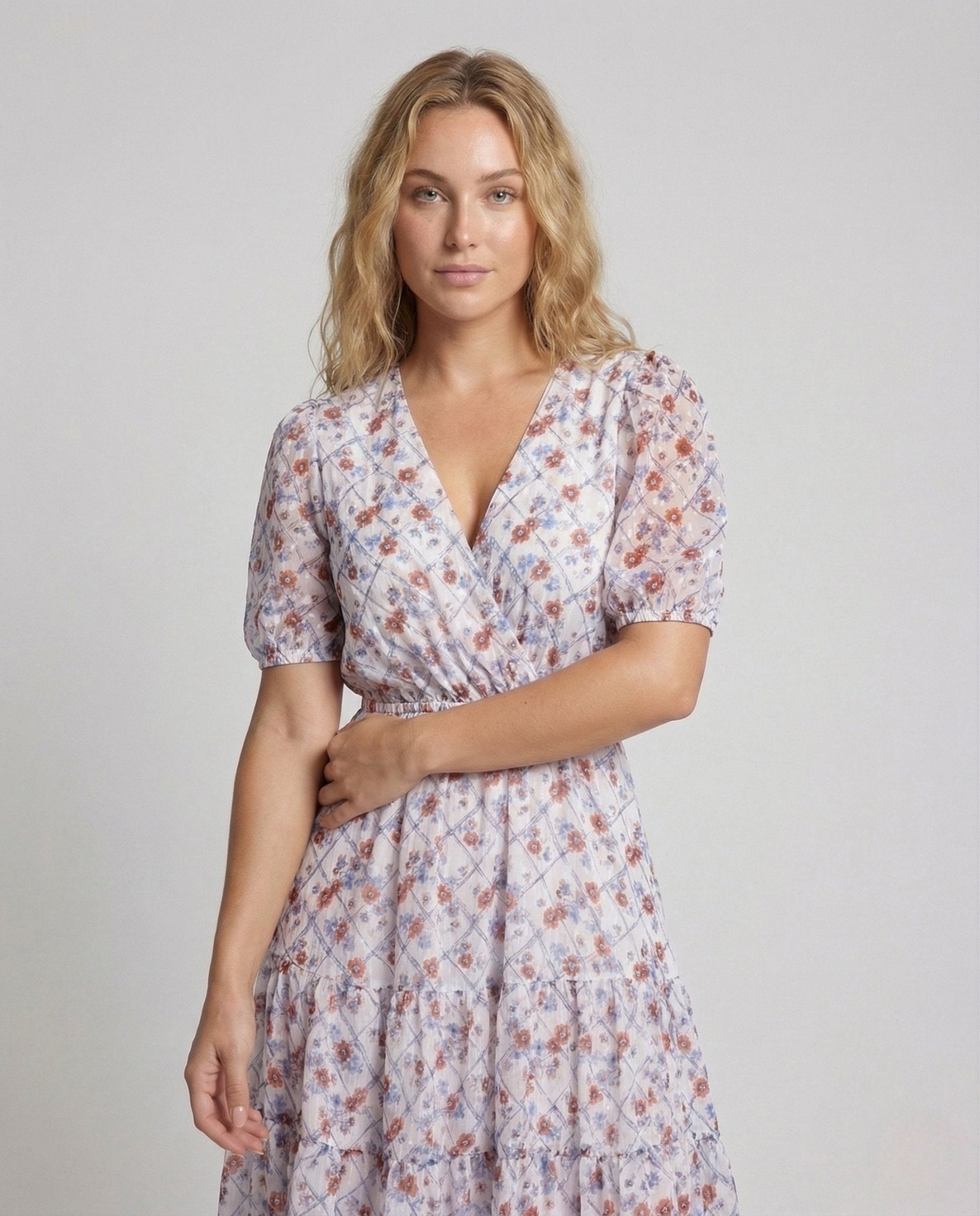 Women Midi Dress Puff Sleeves Elastic Waist - Chichicherry