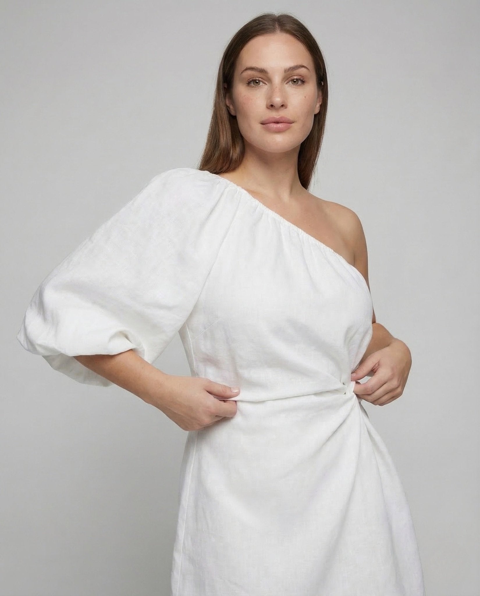 Women Mini Dress Asymmetrical Strapless Balloon Sleeves - Chichicherry