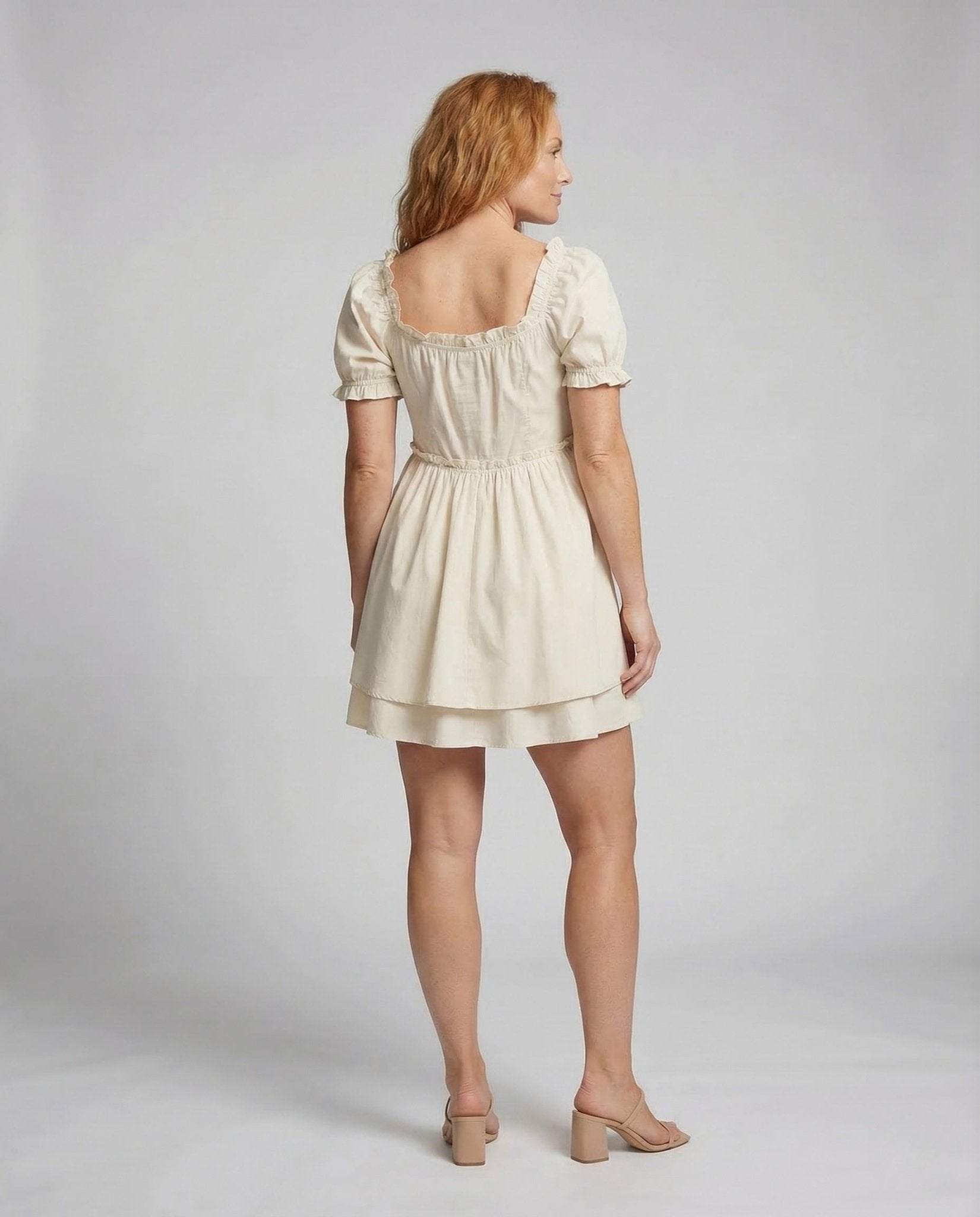Women Mini Dress Puff Sleeves Ruffle - Chichicherry