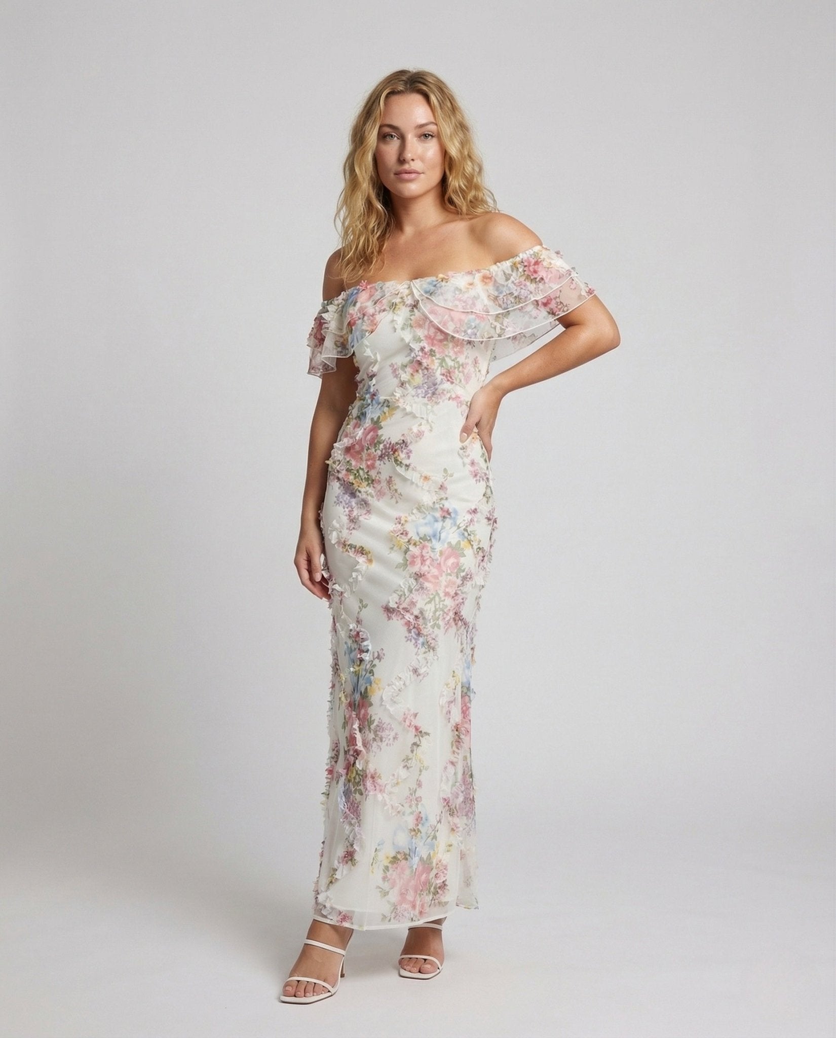Women Off-Shoulder Evening Dress with Flowers - Chichicherry