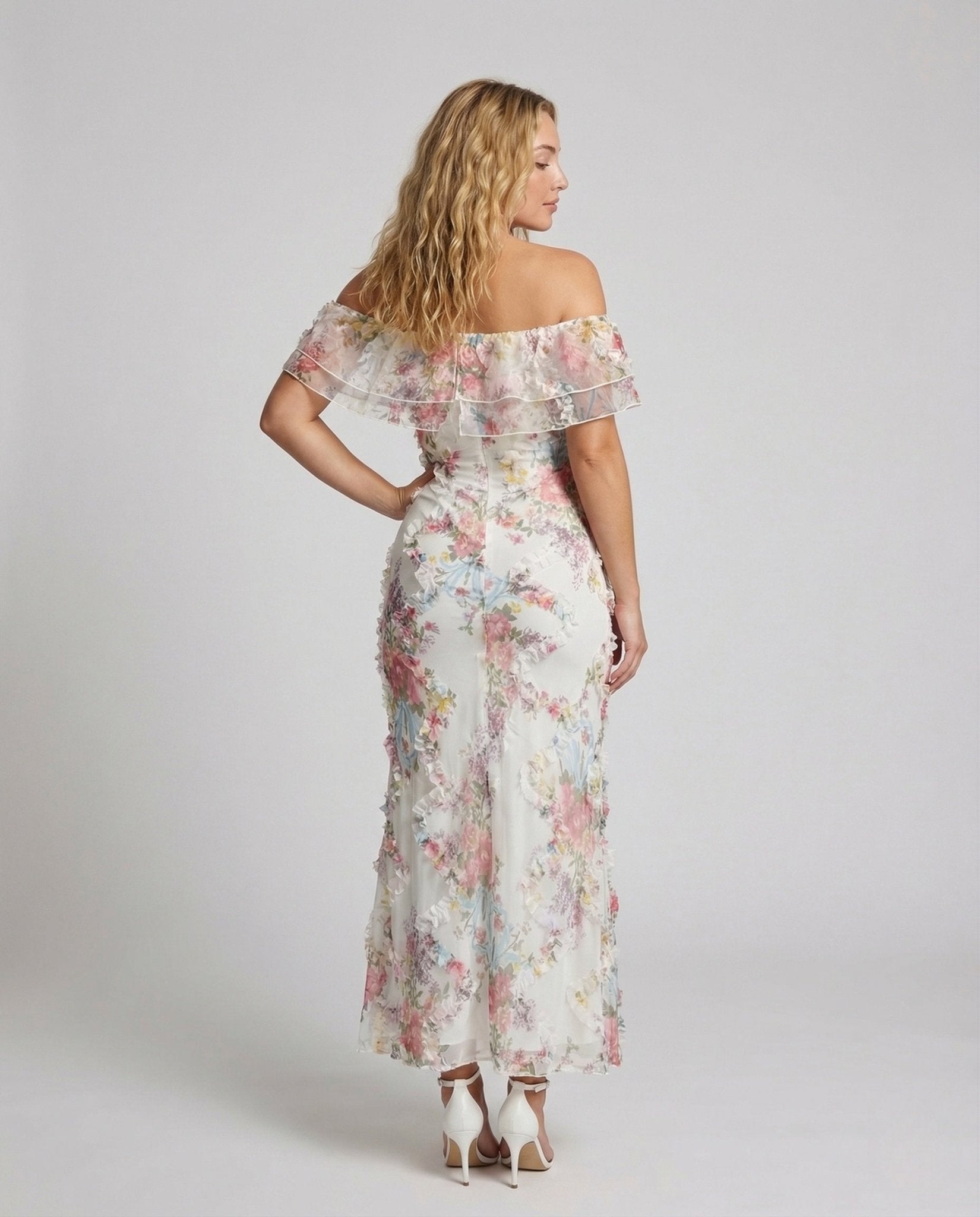 Women Off-Shoulder Evening Dress with Flowers - Chichicherry