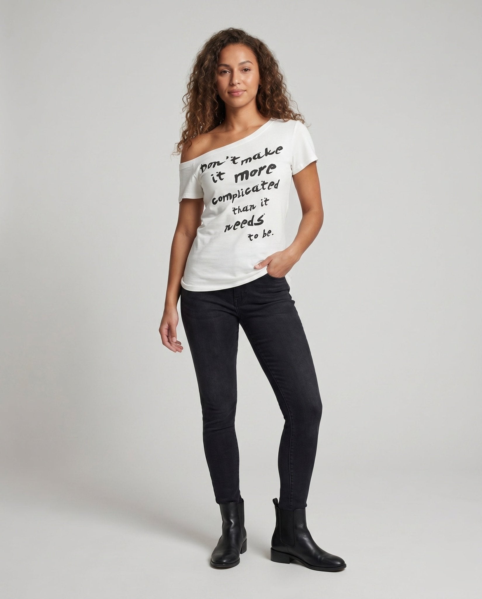 Women Off-Shoulder T-Shirt with Creative Slogan - Chichicherry