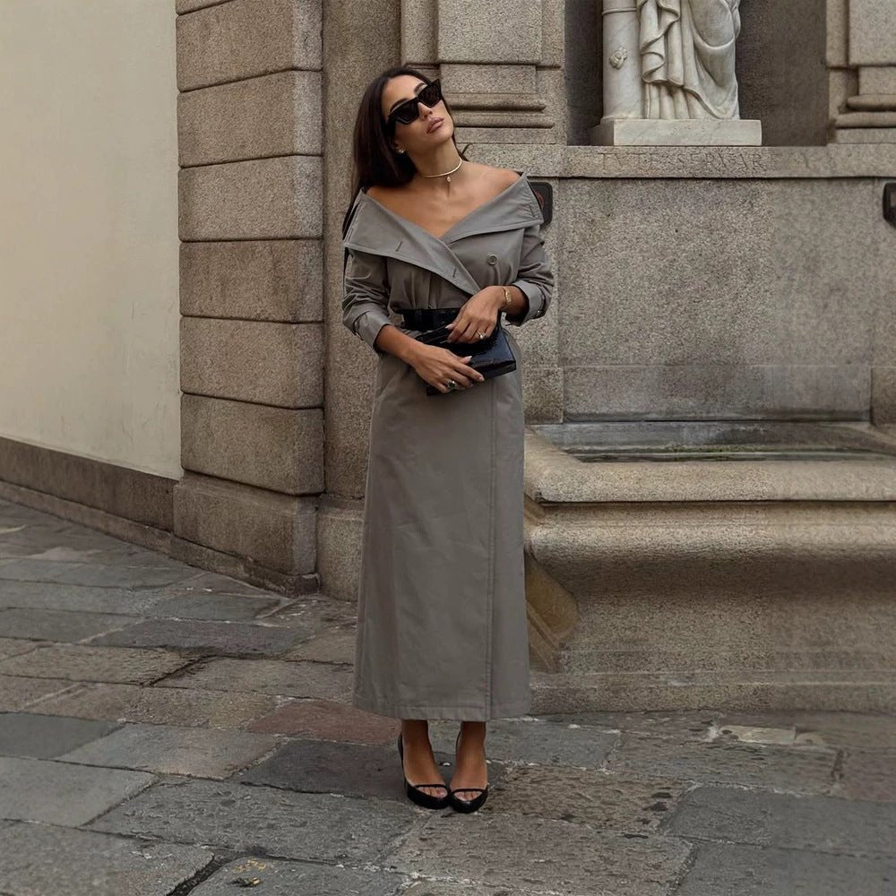 Women Off-Shoulder Trench Dress with Double-Breasted Button Placket and Fitted Patent Belt Chichicherry - Chichicherry