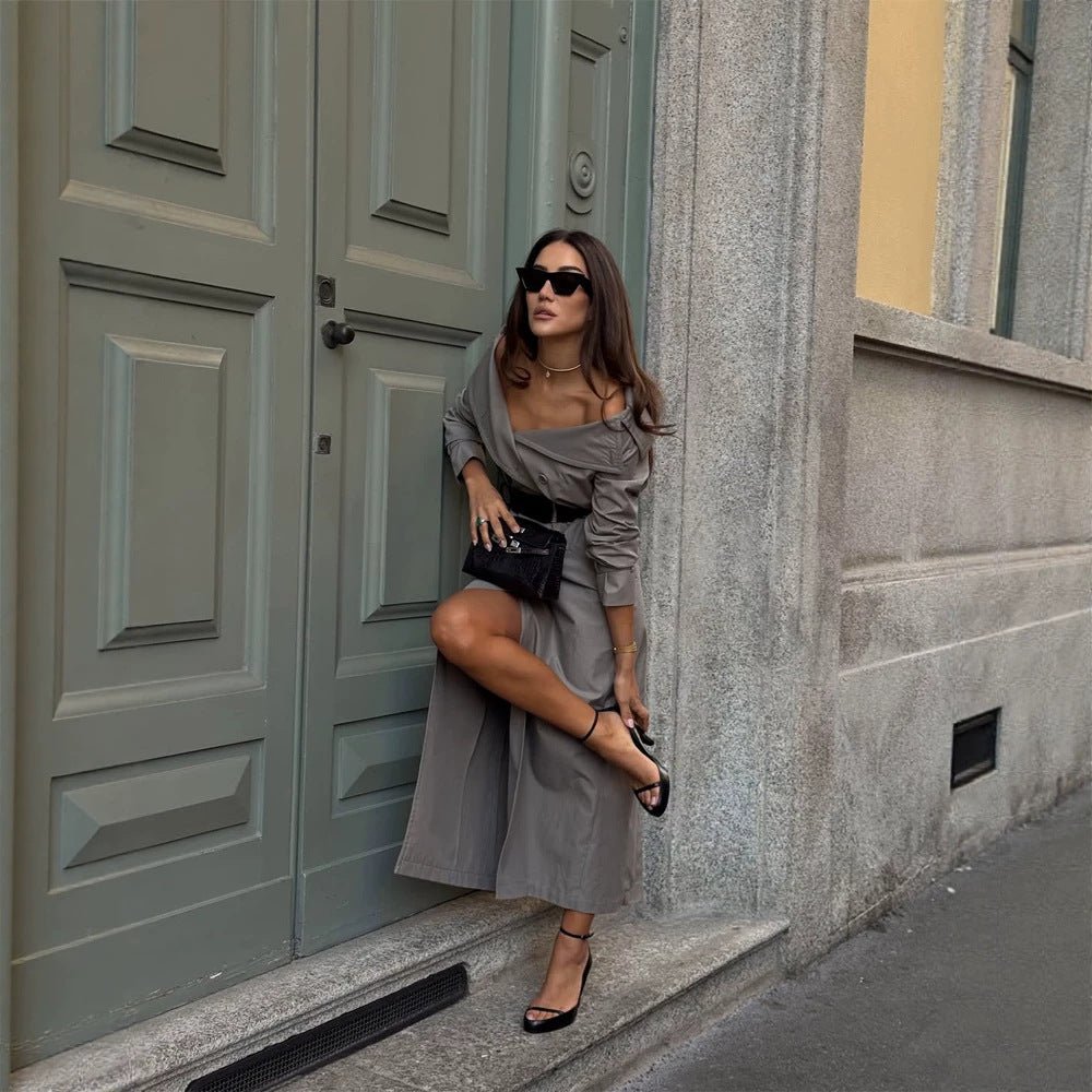 Women Off-Shoulder Trench Dress with Double-Breasted Button Placket and Fitted Patent Belt Chichicherry - Chichicherry