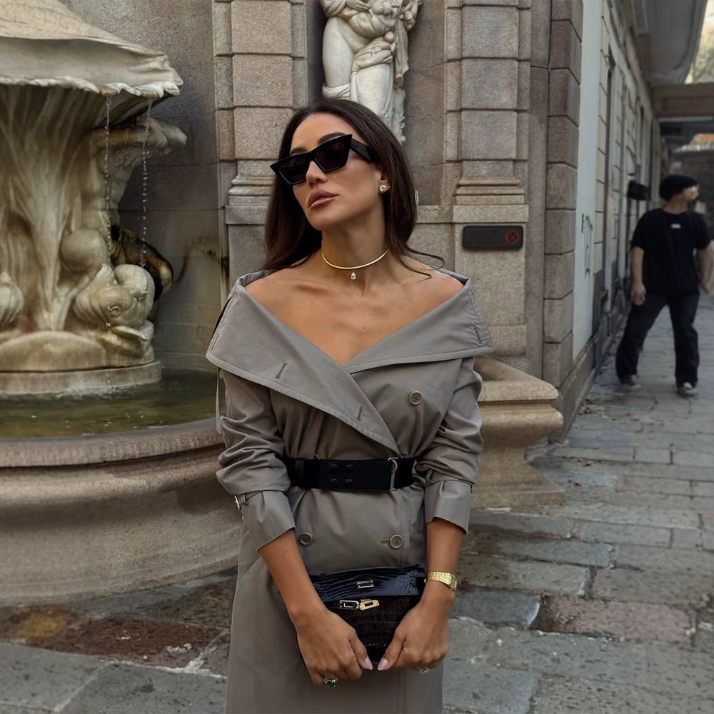 Women Off-Shoulder Trench Dress with Double-Breasted Button Placket and Fitted Patent Belt Chichicherry - Chichicherry