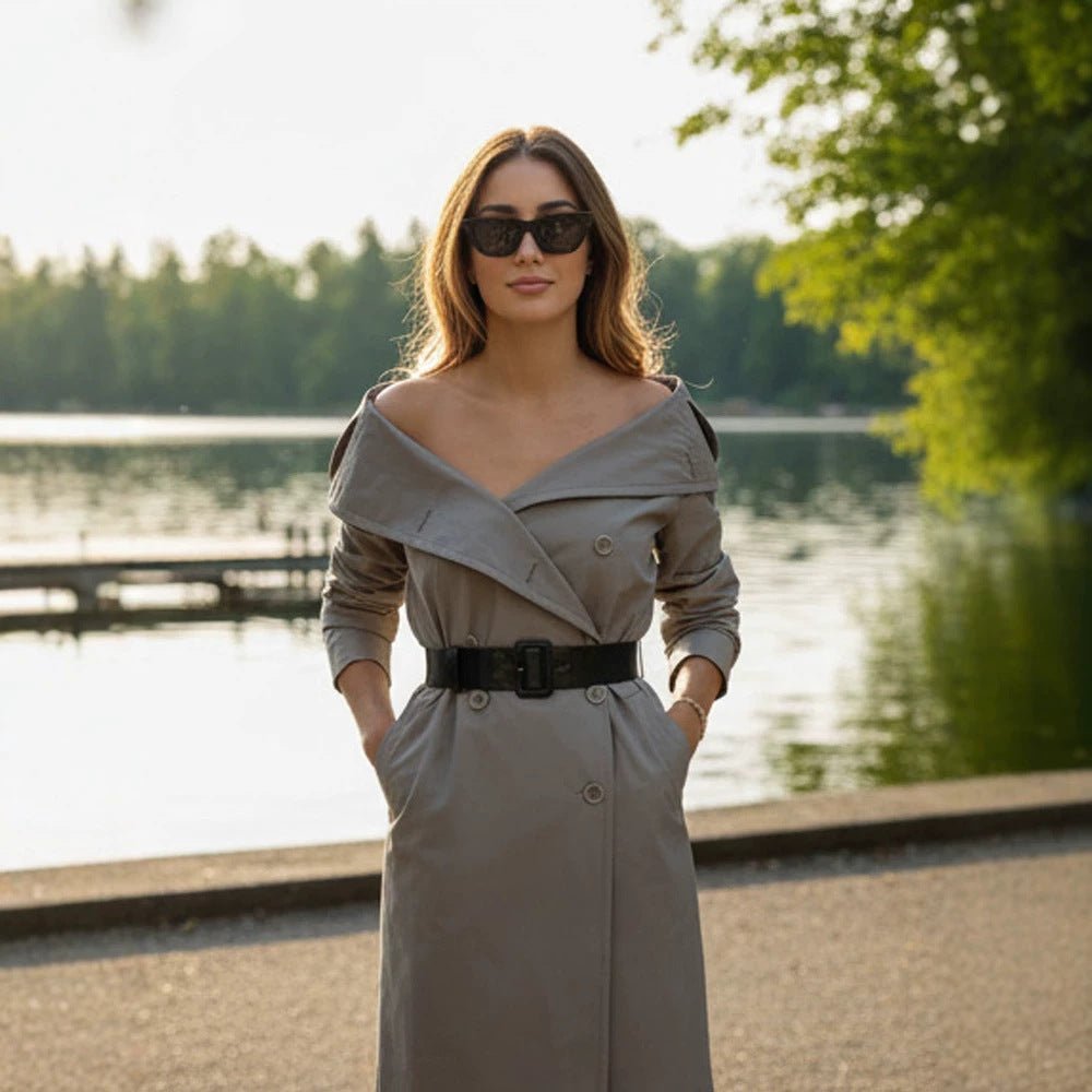 Women Off-Shoulder Trench Dress with Double-Breasted Button Placket and Fitted Patent Belt Chichicherry - Chichicherry