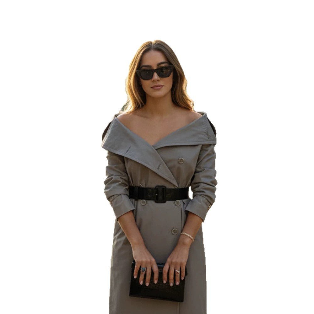 Women Off-Shoulder Trench Dress with Double-Breasted Button Placket and Fitted Patent Belt Chichicherry - Chichicherry