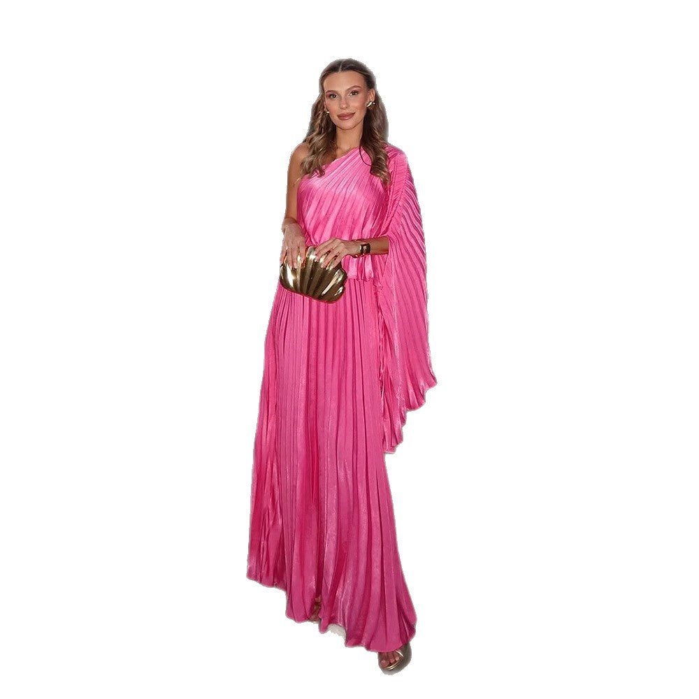 Women One-Shoulder Pleated Maxi Dress with Draped Top and Flowing Ruffle Skirt Chichicherry - Chichicherry