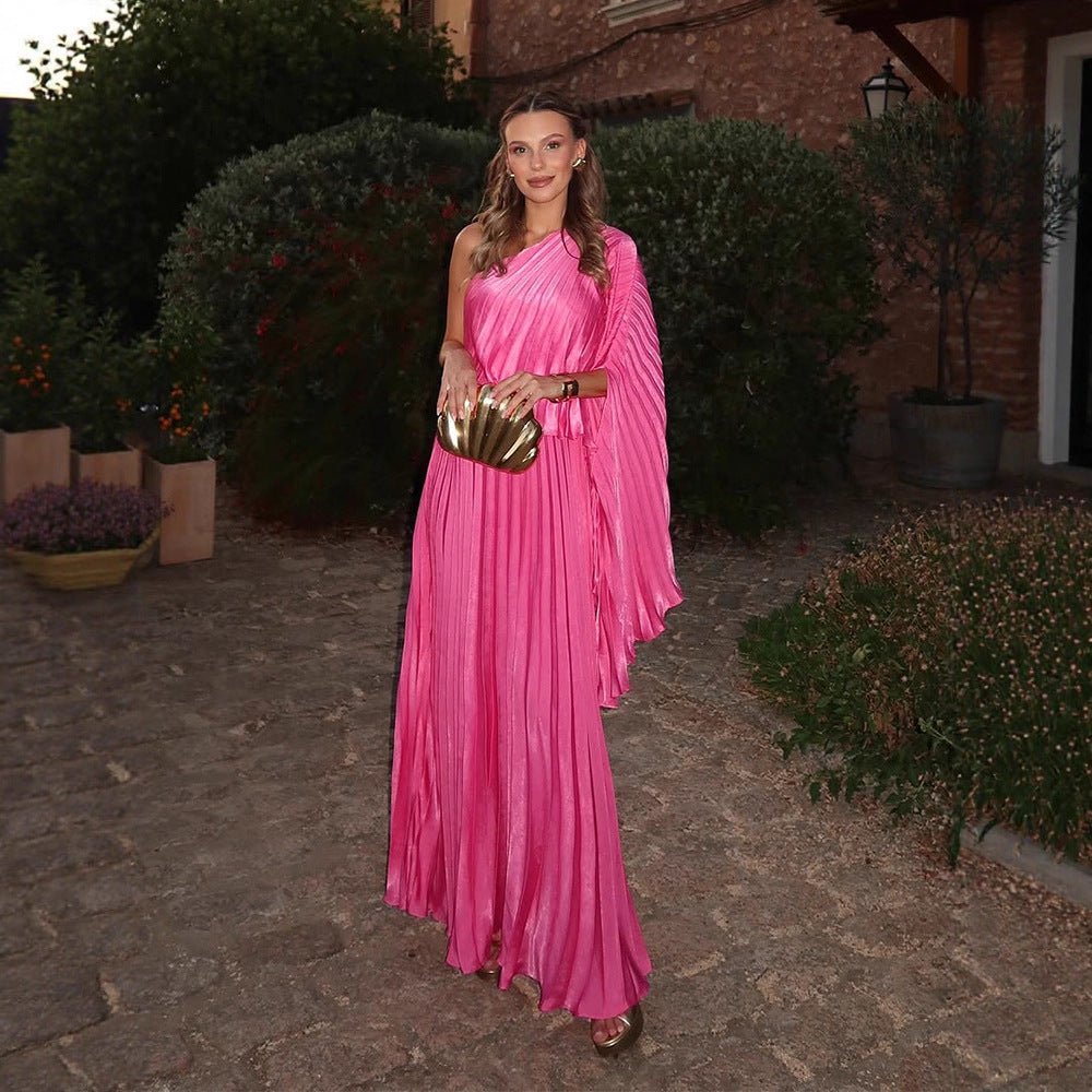 Women One-Shoulder Pleated Maxi Dress with Draped Top and Flowing Ruffle Skirt Chichicherry - Chichicherry