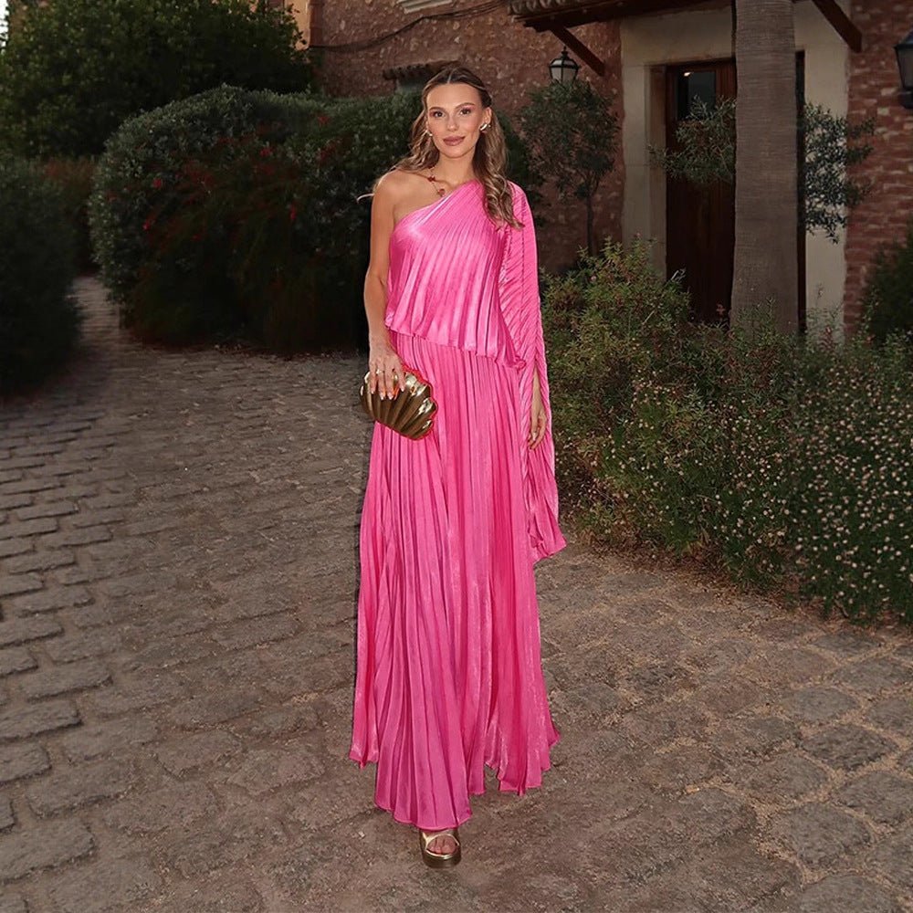 Women One-Shoulder Pleated Maxi Dress with Draped Top and Flowing Ruffle Skirt Chichicherry - Chichicherry