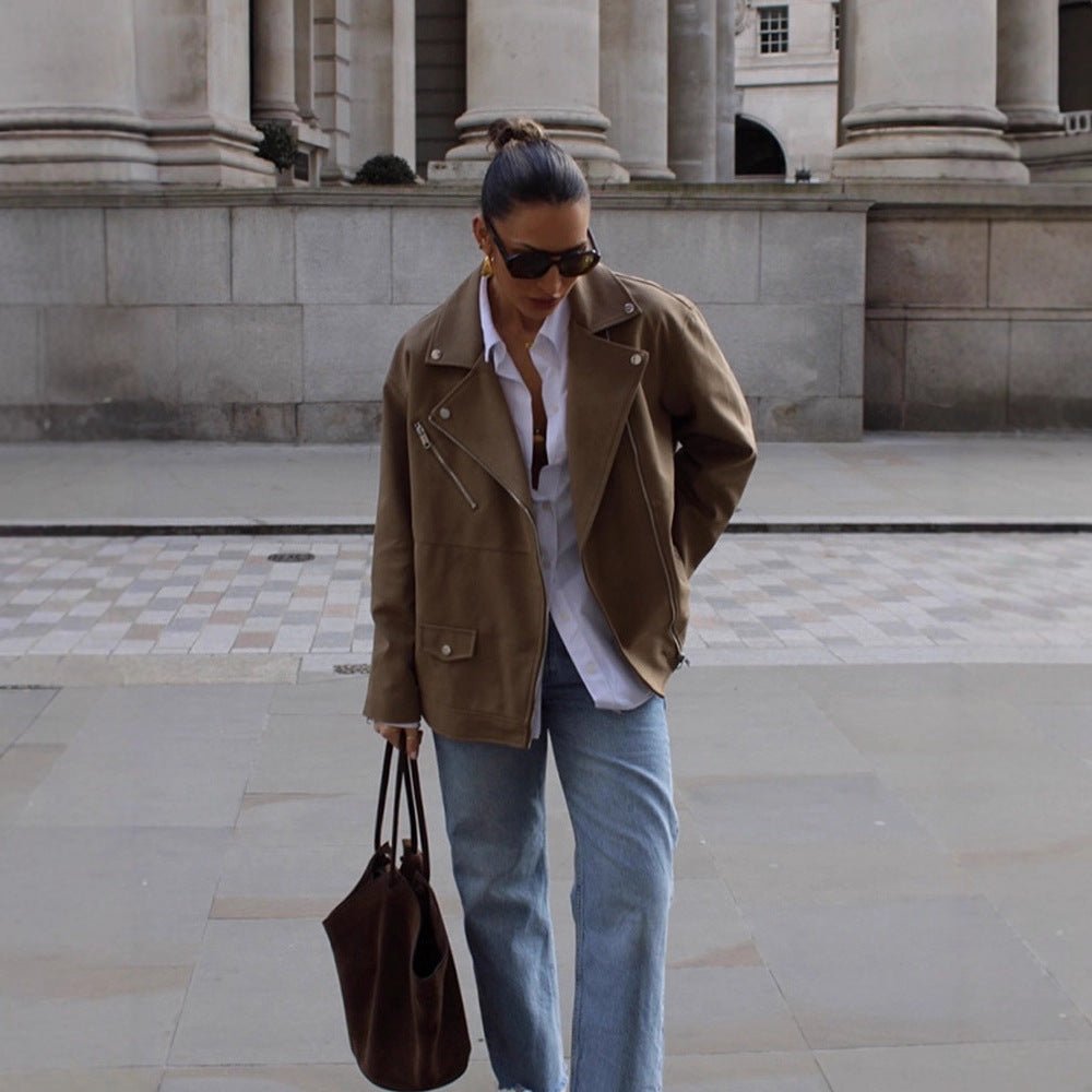 Women Oversize Biker Jacket made of suede imitation with asymmetric zipper Chichicherry - Chichicherry
