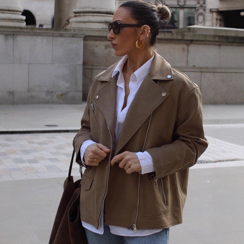 Women Oversize Biker Jacket made of suede imitation with asymmetric zipper Chichicherry - Chichicherry