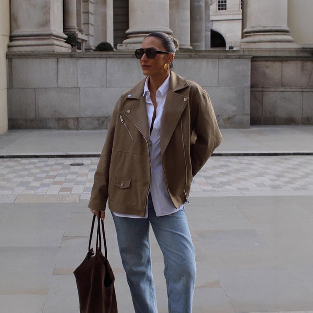 Women Oversize Biker Jacket made of suede imitation with asymmetric zipper Chichicherry - Chichicherry