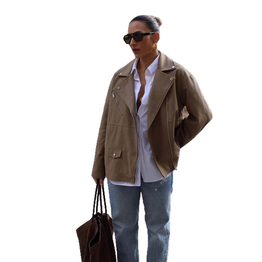 Women Oversize Biker Jacket made of suede imitation with asymmetric zipper Chichicherry - Chichicherry