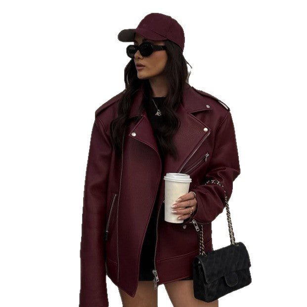 Women Oversize Biker Jacket made of textured synthetic leather with asymmetrical zipper Chichicherry - Chichicherry