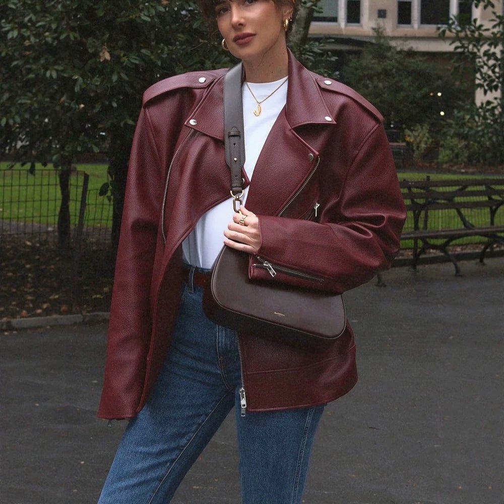 Women Oversize Biker Jacket made of textured synthetic leather with asymmetrical zipper Chichicherry - Chichicherry