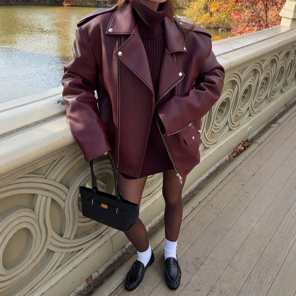 Women Oversize Biker Jacket made of textured synthetic leather with asymmetrical zipper Chichicherry - Chichicherry