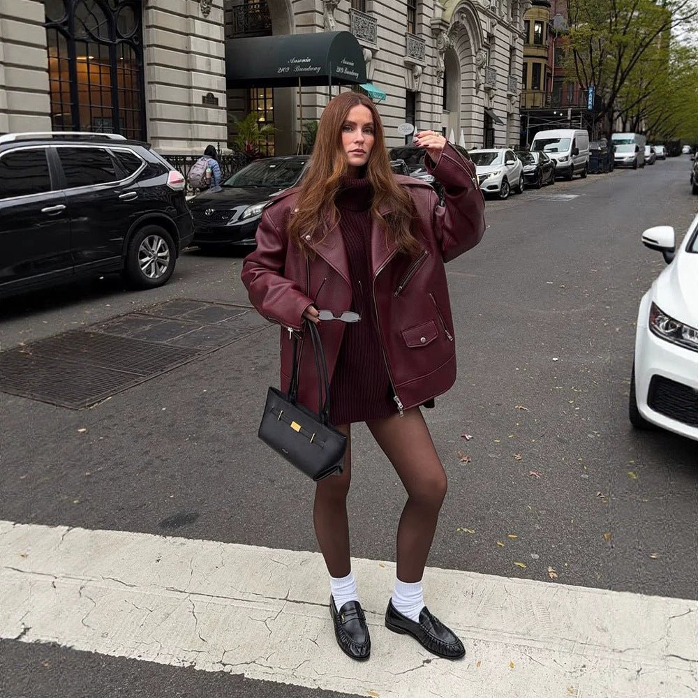 Women Oversize Biker Jacket made of textured synthetic leather with asymmetrical zipper Chichicherry - Chichicherry