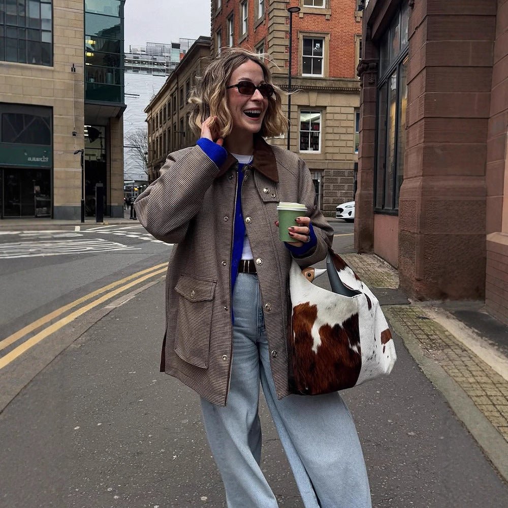Women Oversize Boxy Jacket in Glencheck with Velvet Collar and Golden Decorative Buttons Chichicherry - Chichicherry