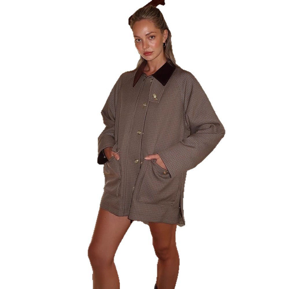 Women Oversize Boxy Jacket in Glencheck with Velvet Collar and Golden Decorative Buttons Chichicherry - Chichicherry