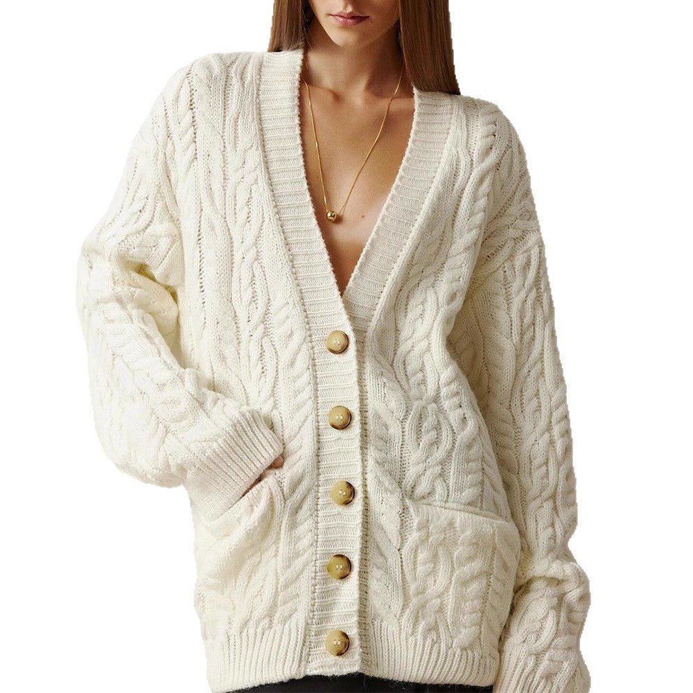 Women Oversize Cable Knit Cardigan with V-Neck and Patch Pockets Chichicherry - Chichicherry