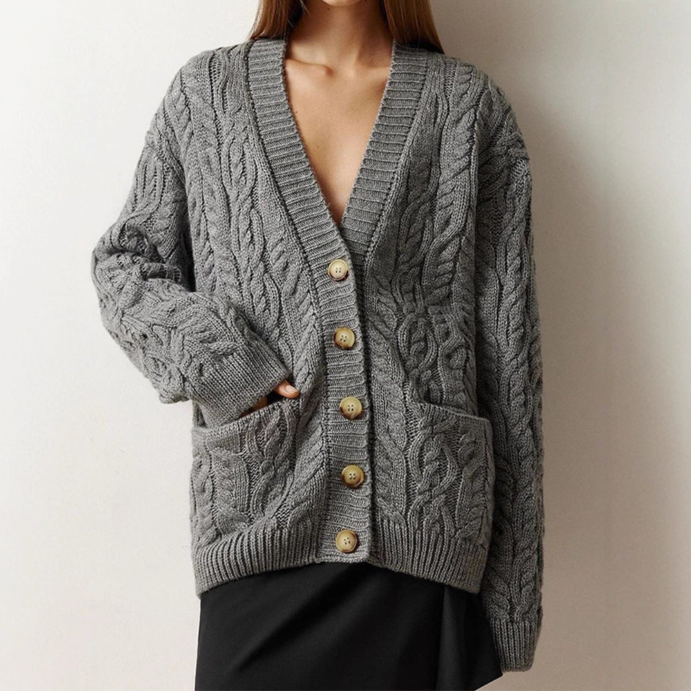Women Oversize Cable Knit Cardigan with V-Neck and Patch Pockets Chichicherry - Chichicherry