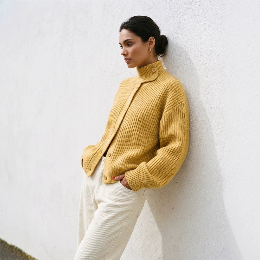 Women Oversize Cardigan with Rib Structure and Stand-Up Collar Chichicherry - Chichicherry