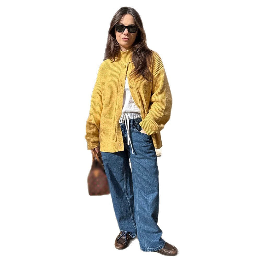Women Oversize Cardigan with Rib Structure and Stand-Up Collar Chichicherry - Chichicherry