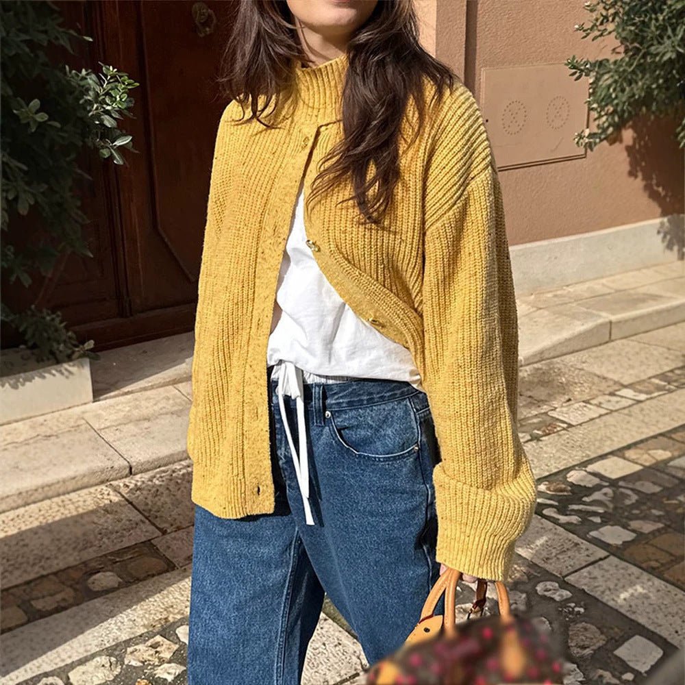 Women Oversize Cardigan with Rib Structure and Stand-Up Collar Chichicherry - Chichicherry