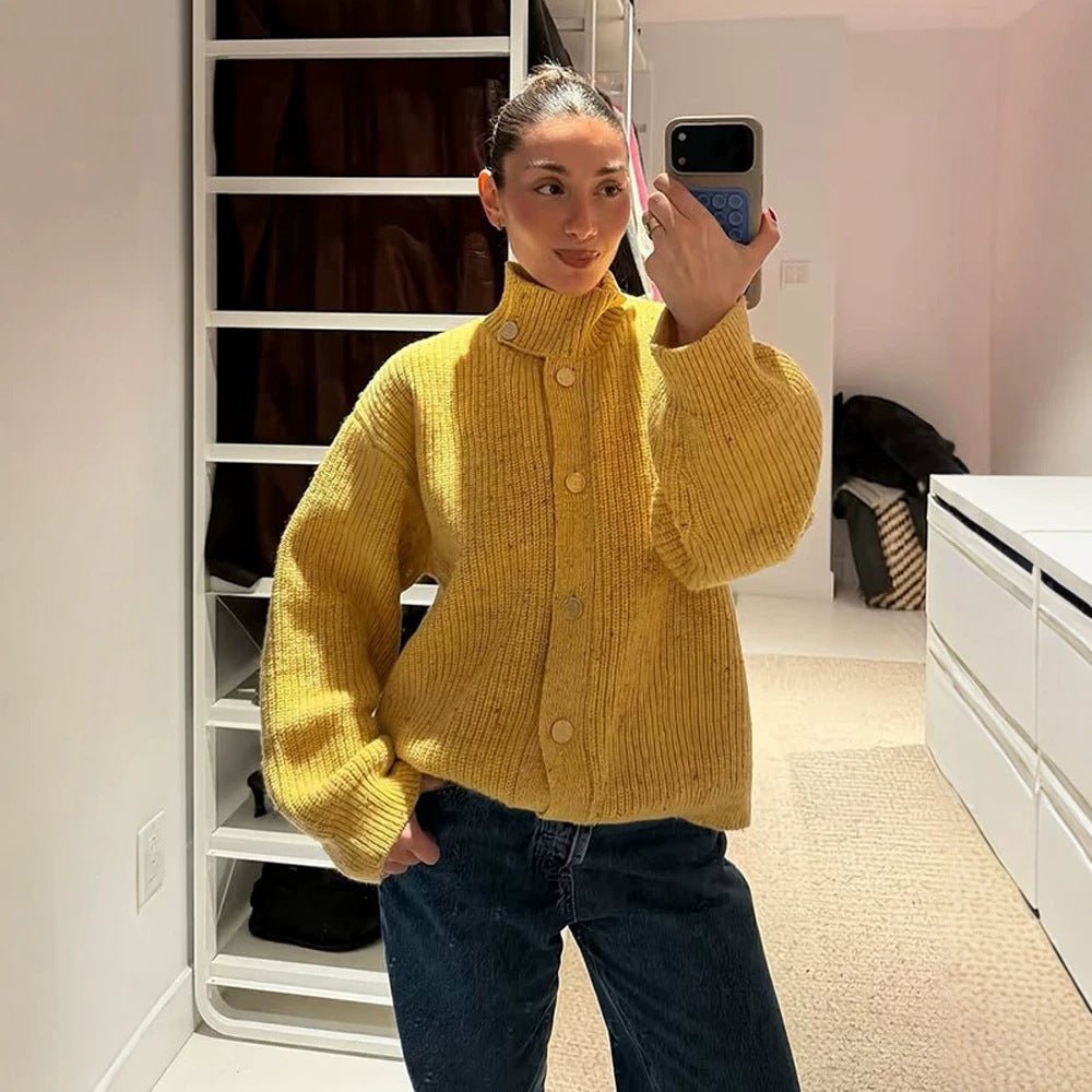 Women Oversize Cardigan with Rib Structure and Stand-Up Collar Chichicherry - Chichicherry